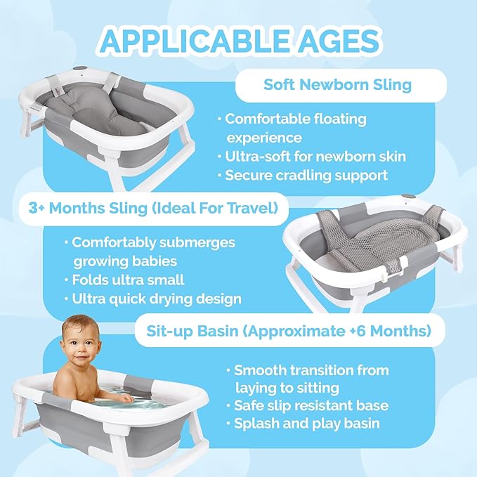 BEBELEH™ Collapsible Baby Bathtub – Bathtub + Baby tub Sling + Newborn Sling – Baby Bathtub Newborn to Toddler 0-24 Months – The Ultimate Travel Baby Bath Tub and Everyday Use! (Gray)-CubbioJoy