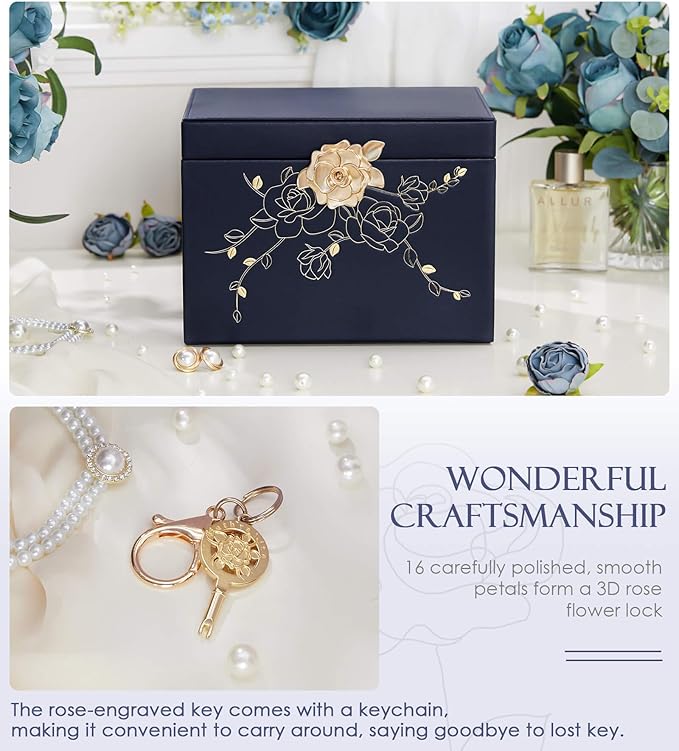 Jewelry Box with Lock for Girls: Jewelry Organizer for Dresser - 3-Drawer Earrings Storage Girls Women Gift (Dark Blue-CubbioJoy