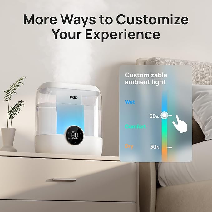 Dreo Smart Humidifiers for Bedroom, 6L Top Fill Supersized Cool Mist Humidifier for Large Room, 60 Hour Runtime, Quiet Ultrasonic Humidifiers for Plants, Baby, Indoor, Home, Night Light, White-CubbioJoy