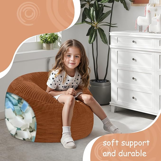 COMAX Kids Bean Bag Chair Turn into Beanbag Bed, Toddler Bean Chair Corduroy for Girl Boy Sleeping, Lazy Children Bean Bags with Filler, Convertible Child Floor Mattress, Orange-CubbioJoy