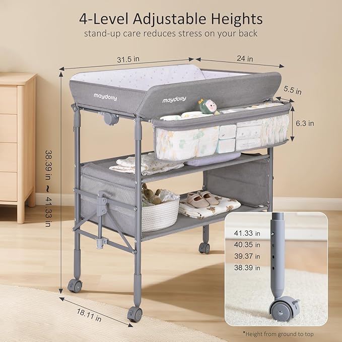Baby Changing Table with Wheels, Maydolly Portable Foldable Changing Table, Waterproof Diaper Changing Station, Adjustable Height Changing Station, Mobile Nursery for Newborn and Infant (Grey)-CubbioJoy