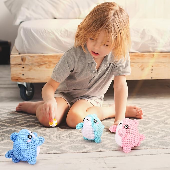 Crochet Kit for Beginners -3 PCS Sharks with a Ball Crochet Kit with Step-by-Step Video Tutorials, Beginner Crochet Kits for Adults Kids, Crochet Animal Kit, Shark Beach Party Crocheting Set-CubbioJoy