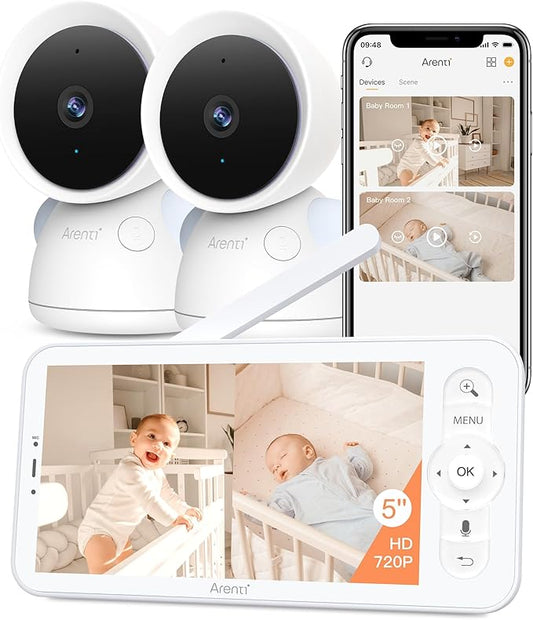 ARENTI Baby Monitor with 2 Cameras, 2K/3MP WiFi 6 Camera and Audio, 5-inch Wireless Screen, Smartphone App, Super Night Vision, Crying Detection, Auto Tracking, Temp&Humidity Sensor (D3 Set)-CubbioJoy