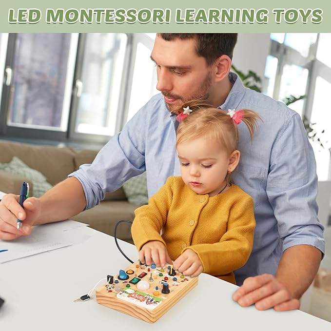Joyreal Wooden Busy Board with LED Light, Montessori Toddler Toys, Wooden Sensory Board, Toddlers Activity Travel Toys for Boy & Girl Birthday Gift (Farm Theme)-CubbioJoy