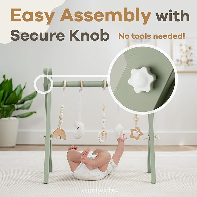 Comfy Cubs Wooden Baby Play Gym - Natural Finish Pinewood Baby Activity Gym with 5 Sensory Hanging Toys - Easy No-Tool Assembly, Safe and Durable for Infant Motor and Visual Development - Sage-CubbioJoy