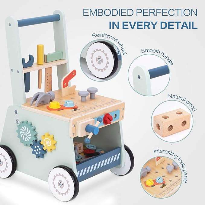 2-in-1 Baby Push Walker - Wooden Push Walker and Tool Toy for Babies - Toddler Learning Activity Walker for Girls Boys 1-3 Years - Educational and Sturdy Construction-CubbioJoy