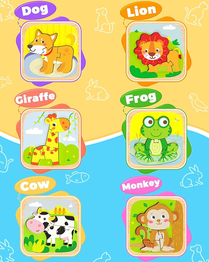 Benresive Wooden Toddler Puzzles, 6pcs Animal Montessori Toys for 1-3 Year Old Boys & Girls, Learning Educational Preschool Toys, Great Gifts for 1 2 3 Year Olds-CubbioJoy