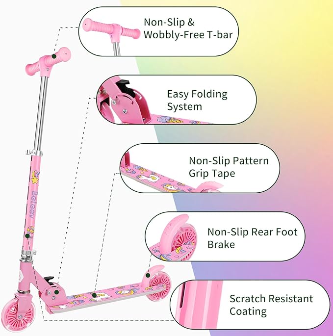 BELEEV V2 Scooters for Kids with Light-Up Wheels & Stem & Deck, 2 Wheel Folding Scooter for Girls Boys, 3 Adjustable Height, Non-Slip Pattern Deck, Lightweight Kick Scooter for Children Ages 3-12-CubbioJoy