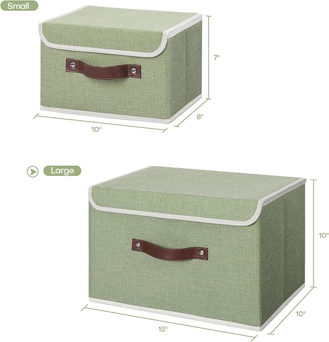 ANMINY 2PCS Storage Bins with Lid PU Leather Handles Storage Boxes PP Plastic Board Decorative Foldable Lidded Cotton Linen Fabric Home Cubes Baskets Closet Organizer Containers - Green, Large Size-CubbioJoy
