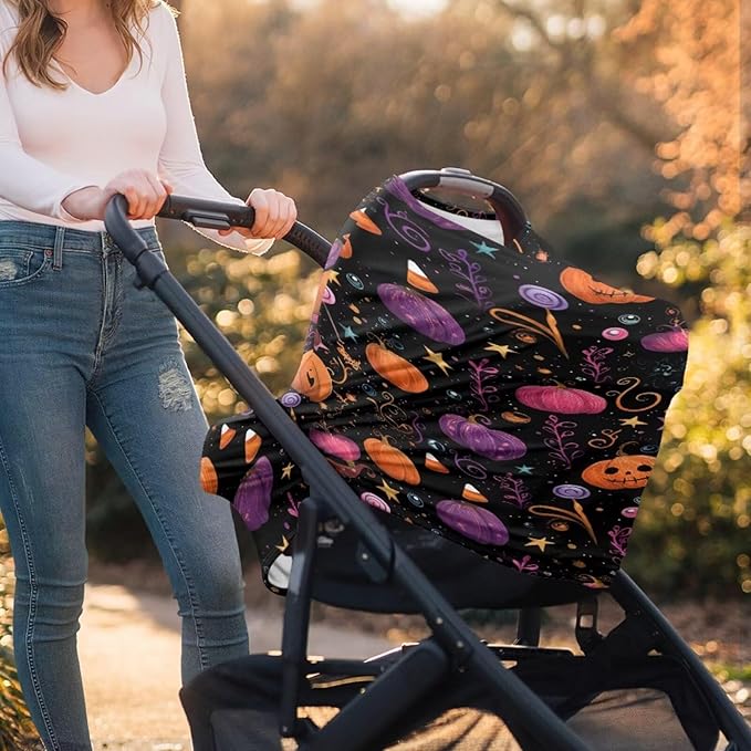 Binienty Infant Carseat Canopy, Cute Halloween Pumpkin Nursing Cover Soft Breathable Baby Car Seat Covers, Gifts for Mom Lover Wife-CubbioJoy