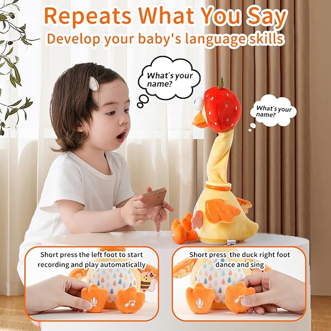 Jollybaby Plush Talking Singing Dancing Musical Strawberry Duck Toy for Toddlers 1-3 Just Like Cactus Toy, Music Mimicking Interactive Toys for Crawling Kids, Sensory Gift for Baby 0-6-12 Month-CubbioJoy