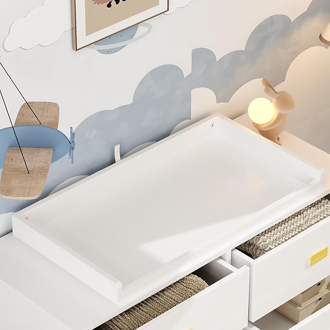 6 Drawer Baby Dresser, Nursery Dresser with Changing Topper, Long Cabinet for Infant Cloth Organize, Changing Station for Nursery and Kids Bedroom Storage, White (45.3" W x 18.9" D x 30.1" H)-CubbioJoy