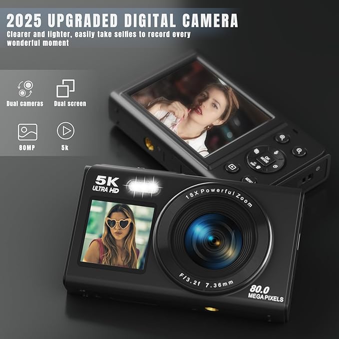 5K Digital Camera, Dual Screens Camera with 18X Digital Zoom, Compact Vlogging Camera for Teens, Beginner-Friendly Gift Pack, 32GB Card & 2 Batteries, Black-CubbioJoy