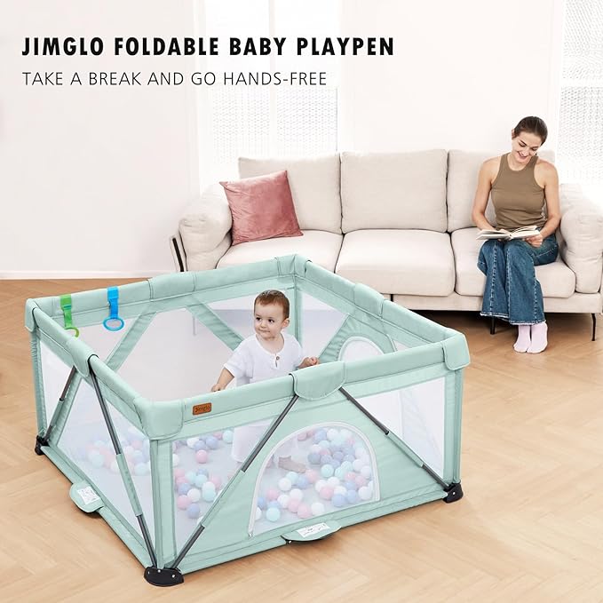 Baby Playpen Foldable, Playard for Babies and Toddlers, Portable Playpen Activity Center with 50 Balls+2 Handles for Travel, Indoor & Outdoor Play Pen with Mesh 50''x50''-CubbioJoy