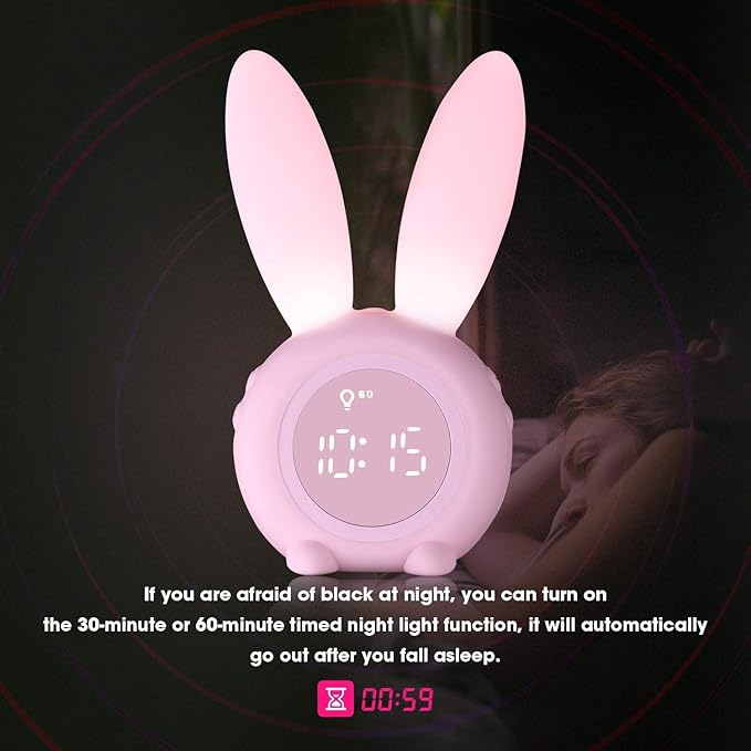 KDtech Kids Alarm Clock with Night Light 6 Ringtones, Cute Pink Bunny Digital Alarm Clock for Kids, Touch Control and Rechargeable Sleep Trainer Clock for Boys Girls Bedroom-CubbioJoy