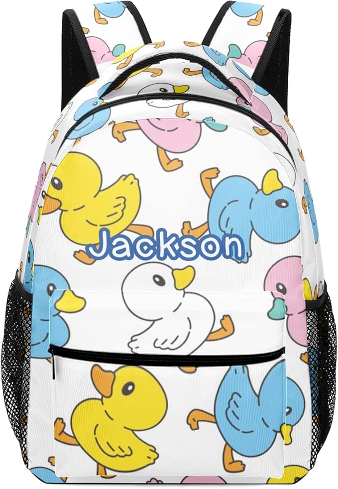 Duck Cartoon Doodle Custom Kids Backpack for Boy Girl, Personalized Waterproof Child School Travel Bag with Name, 16.5’’ X 12.2’’ X 5.9’’-CubbioJoy