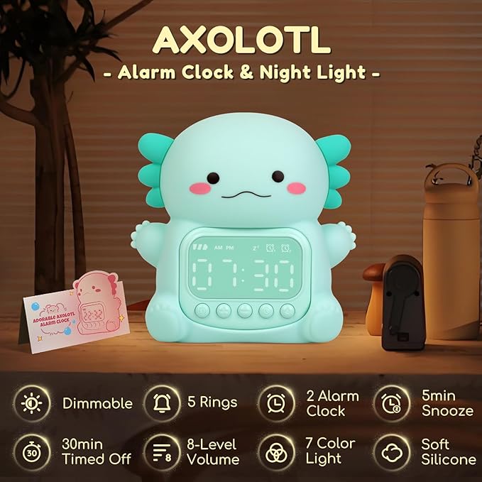 Axolotl Alarm Clock with Night Light for Kids, 7 RGB Color Cute Alarm Clocks for Bedrooms Ok to Wake Clocks, Silicone Animal Tabletop Lamp for Teen Girls Boys, Green-CubbioJoy