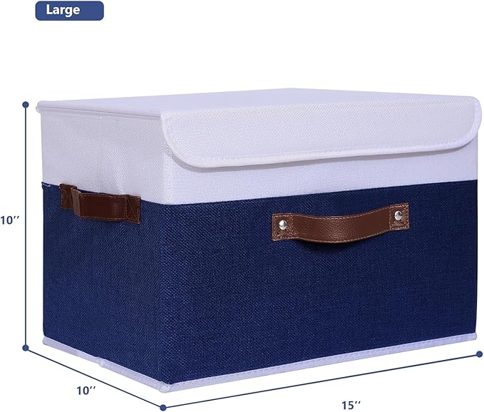 ANMINY 4PCS Storage Boxes with Lid Washable Decorative Storage Bin Basket with PU Leather Handle Foldable Linen Fabric Storage Cube Container for Home Closet Organizer - Deep Blue White, Large Size-CubbioJoy