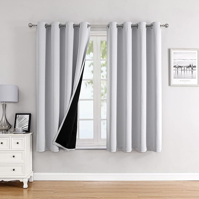 ChrisDowa 100% Blackout Curtains for Bedroom with Black Liner, 2 Thick Layers Total Blackout Thermal Insulated Grommet Window Curtains 2 Panels Set (Greyish White, 52 x 45 Inch)-CubbioJoy