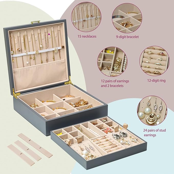 2-layer jewelry box，Jewelry Organizer with Handle，with hanging necklace hooks, detachable jewelry trays, suitable for storing a large amount of jewelry gift box (Large-Grey)-CubbioJoy