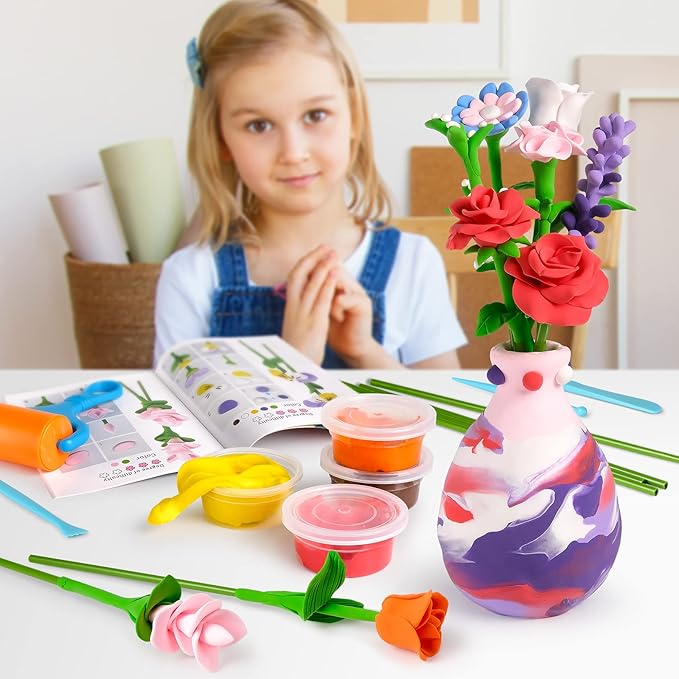 Drama Planet Flower Craft Kit for Kids, Make Your Own Flower Bouquet with Air Dry Clay, Arrange Clay Flowers & Create Personalized Art, Great Gifts for Girls-CubbioJoy