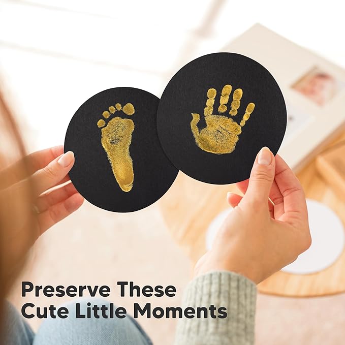 2-Pack Round Inkless Baby Hand and Footprint Kit - Mess Free Ink Pad for Newborn Keepsake, Dog Nose & Paw Print Kit, Clean Touch Ink Pad for Baby Hand & Footprints, Ideal New Mom Gifts (Gold)-CubbioJoy