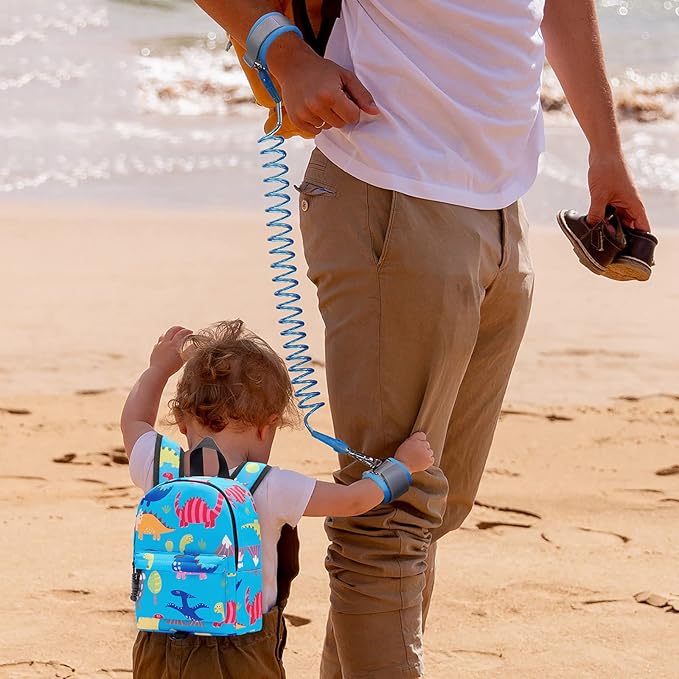 Accmor Toddler Backpack Leash with Anti Lost Wrist Link, Cute Mini Child Walking Harnesses Keep Kids Close Back Pack Rope Tether Rein for Baby Boys (Light Blue/Dino)-CubbioJoy