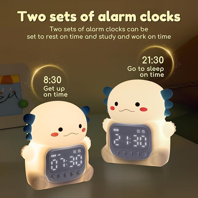 Axolotl Alarm Clock with Night Light for Kids, 7 RGB Color Cute Alarm Clocks for Bedrooms Ok to Wake Clocks, Silicone Animal Tabletop Lamp for Teen Girls Boys, White-CubbioJoy