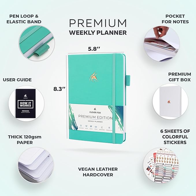 Clever Fox Planner Premium Edition – Undated Luxurious Weekly & Monthly Planner to Increase Productivity and Hit Your Goals – Organizer – Start Anytime, A5, Lasts 1 Year, Light Turquoise (Weekly)-CubbioJoy
