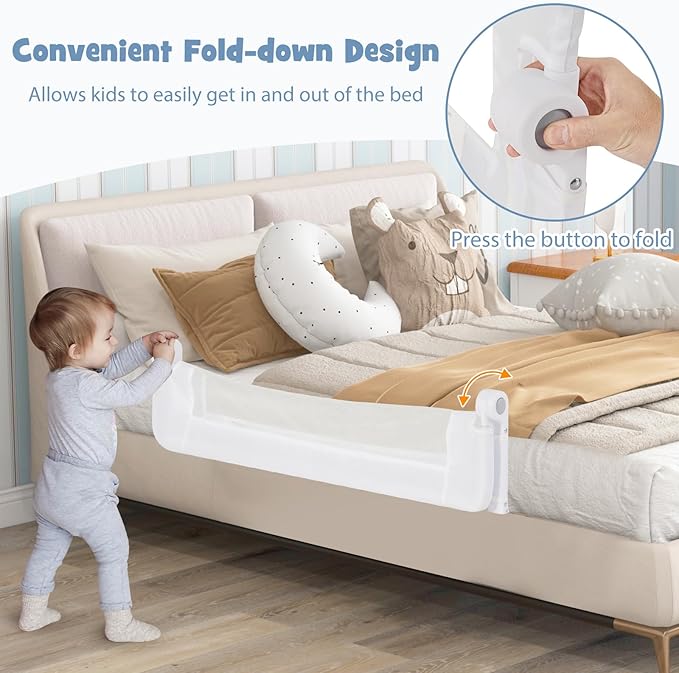 BABY JOY Bed Rails for Toddlers, Swing Down Safety Bed Guard for Convertible Crib, Folding Baby Bedrail for Kids Twin, Double, Full Size Queen & King Mattress (48-Inch, White)-CubbioJoy