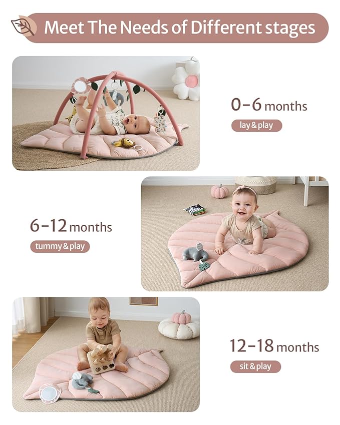 Blissful Diary Baby Play Gym & Activity Mat, Oversize Leaf Shaped Tummy Time Baby Play Mat w 6 Detachable Toys Promotes Motor Skills & Sensory Development, Newborn Infant Essentials Gift, Crystal Pink-CubbioJoy