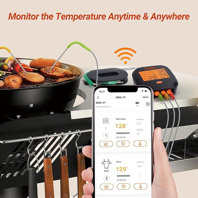 Inkbird WiFi Meat Thermometer for Grilling, Unlimited Rang Rechargeable BBQ Thermometer APP Calibration, Temp Graph Mobile Notification, 4 Colorful Probes Food Thermometer for Pellet Smoker Oven-CubbioJoy