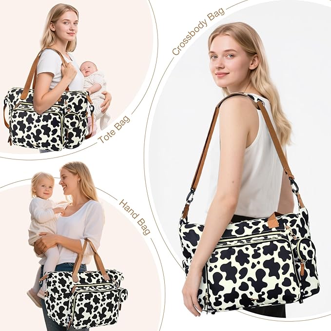 Diaper Bag Tote, Large Baby Diaper Bags for Travel, Hospital Bag for Labor Delivery with Pacifier Case, Changing Pad, Shoulder Strap, Cow Print-CubbioJoy