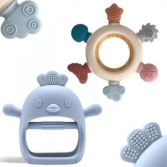 Baby Teething Toys by Komfy LilLove, No Drop Teether and Ring Teether for Baby Teething Relief, Non-Toxic Infant Toys 0-6 6-12 Months, CPC Certified Teething Mitten, Baby teether Toys – 2 Pack-CubbioJoy