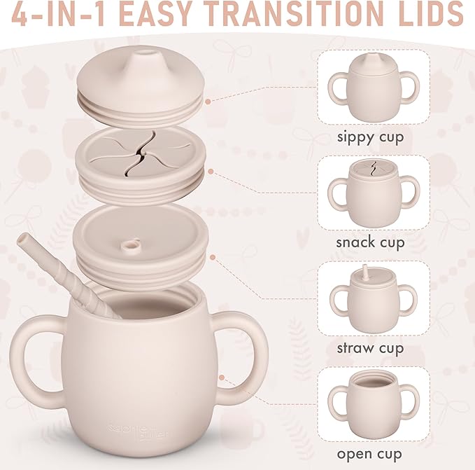 4-in-1 Silicone Sippy Cup with Snack and Straw Lid 6oz | Transition Training Cup for 6+ months to Toddler (Beige)-CubbioJoy