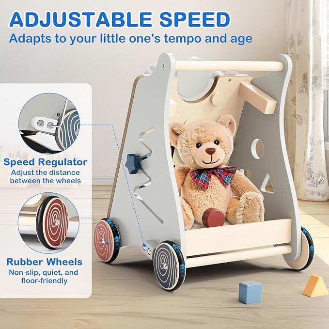 Baby Push Walker with Detachable Busy Board, Wooden Baby Walker with Adjustable Speed Wheels, Montessori Push Walker for Babies, Push Walking Toys for Boys & Girls 1 Year Old, Gifts for Toddler-CubbioJoy