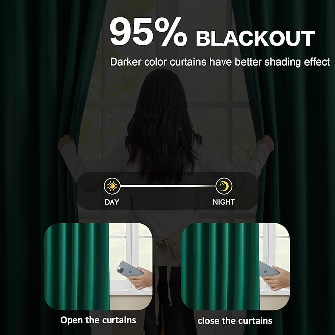 KEQIAOSUOCAI Hunter Green Blackout Curtains with Pinch Pleat, Dark Emarald Green Room Darkening Curtain 84 Inches Long, Thermal Insulated Window Treatment with Hooks 40x84-2PCs-CubbioJoy