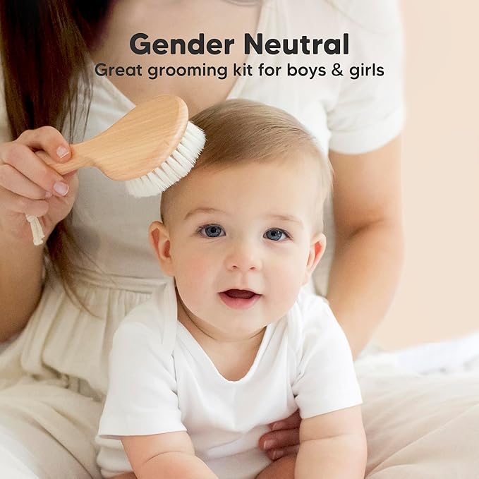 Baby Hair Brush and Comb Set for Newborn - Wooden Baby Hair Brush Set with Soft Goat Bristle, Baby Brush Set for Newborns, Baby Brush and Comb Set Girl, Boy, Toddler Cradle Cap Brush (Round, Walnut)-CubbioJoy