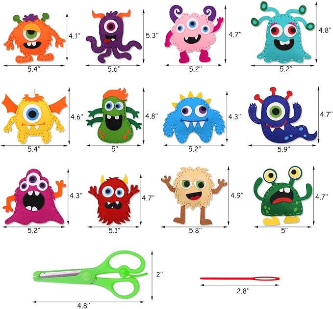 CiyvoLyeen Little Monsters Craft Kit Adopt A Monster Felt Plush DIY Sewing Art Educational Toys Monster Craft Gift Learn How to Sew for Beginners Set of 12 Sewing Kits-CubbioJoy