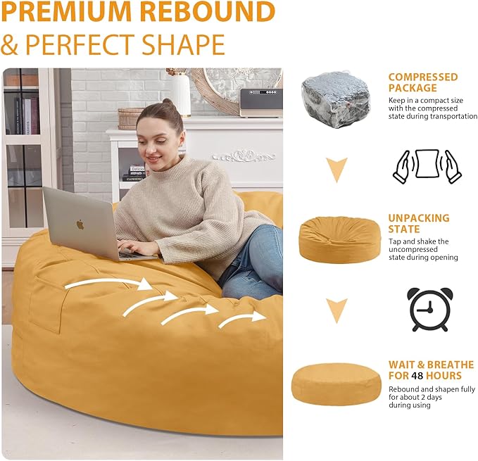 7FT Bean Bag Chair, Large Bean Bag Chairs with Memory Foam Filled, Fluffy Beanbag Sofa with Dutch Velvet Cover, Round BeanBag Chairs for Living Room, Playroom - Mustard-CubbioJoy
