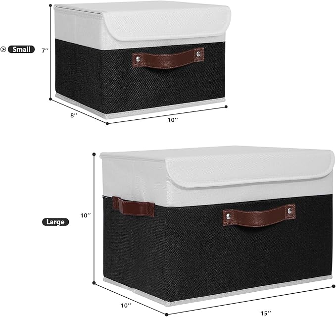 ANMINY 2PCS Storage Boxes with Lid Washable Decorative Storage Bins Basket with PU Leather Handle Foldable Linen Fabric Storage Cubes Containers for Home Closet Organizer - Black White, Small Size-CubbioJoy