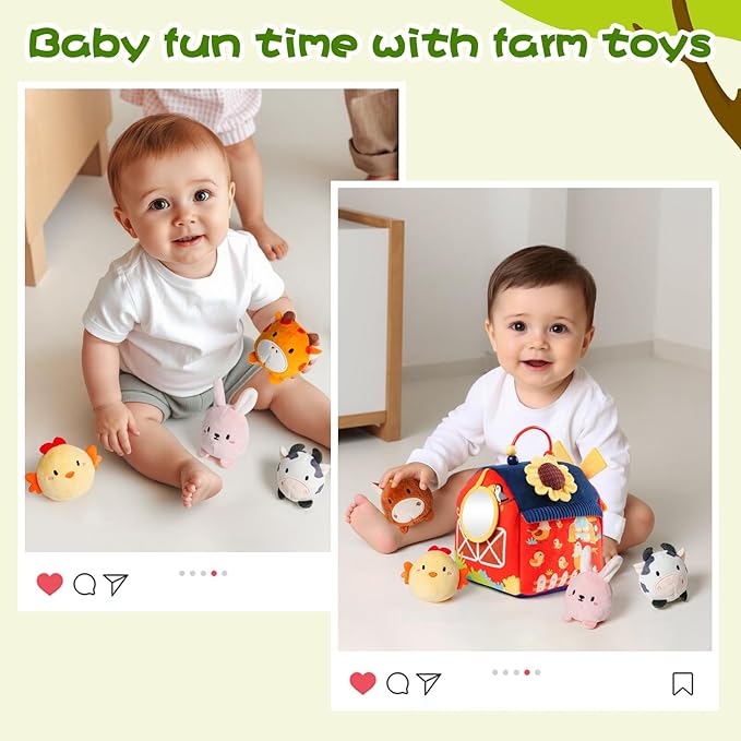 Baby Toys 6-12 Months, Montessori Sensory Toys, My First Farm House Toy with 6 Stuffed Animals,Rotating Windmill & Sunflower Crinkle, Rattle, Fun Mirror Fine Motor Skills Development,Baby Gift-CubbioJoy