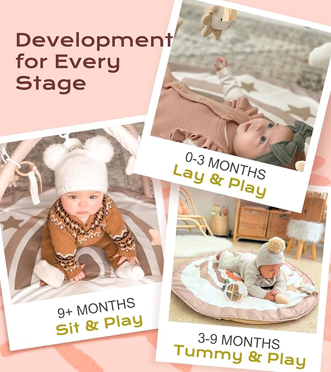 Baby Play Gym Mat, Tummy Time Activity Mat with 7 Detachable Toys and 12 Milestone Cards for Stage-Based Sensory and Motor Skill Development, Washable Play Mats for Infant, Newborn Baby Essentials-CubbioJoy