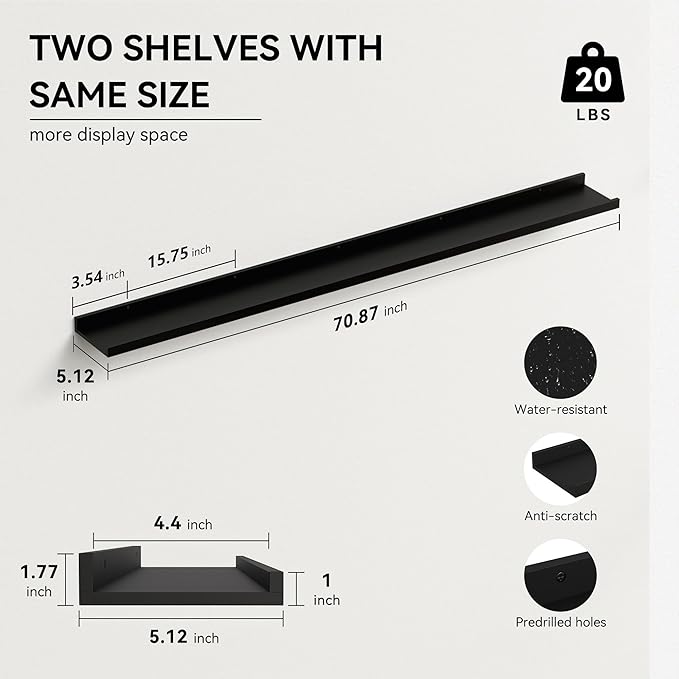 70.9 Inches Long Floating Shelves, 2 Set Modern Wall Shelf for Bedroom, Nursery Book Shelf with Lip, Picture Ledge Shelf for Wall Decor Living Room Bathroom Kitchen - Black-CubbioJoy