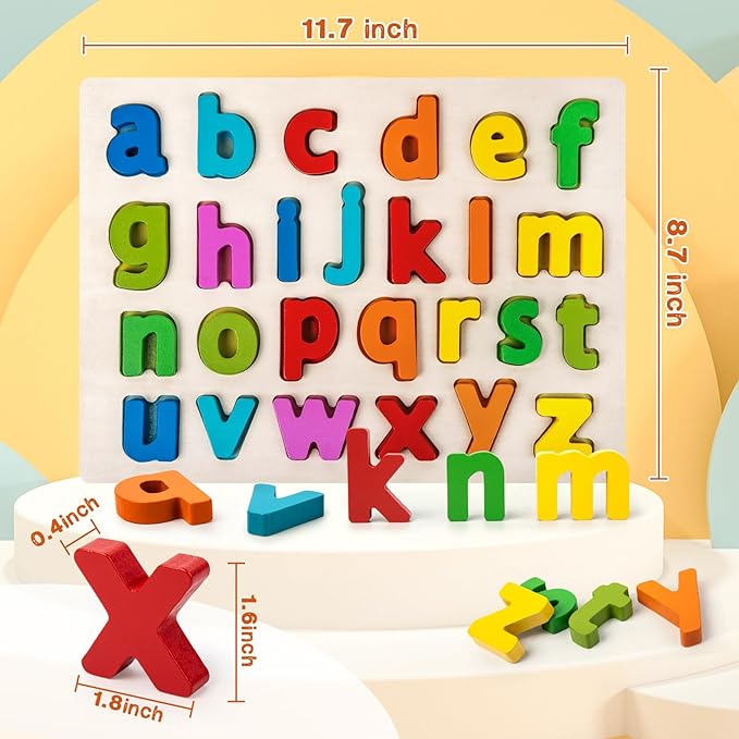 Alphabet Puzzle Wooden Puzzles for Toddlers 3 4 5 Year Old, ABC Puzzle Shape Alphabet Learning Puzzles Toys with Puzzle Board & Letter Blocks for Preschool Girls Boys Lowercase Letter Puzzle-CubbioJoy