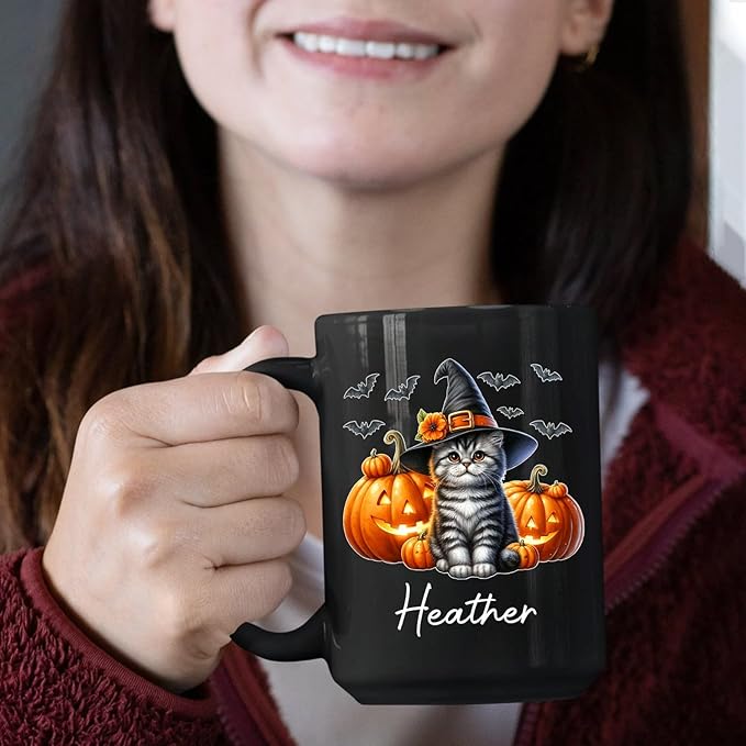 Customized American Shorthair Wearing Witch Hat Cup, Personalized Name American Shorthair Coffee Mugs, Cat with Pumpkins Ceramic Cups, Cat Halloween Black Mug 11oz 15oz, Gift for Halloween-CubbioJoy