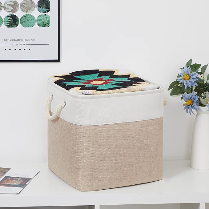 Bidtakay Fabric Storage Baskets for Organizing Beige 13 Inch Collapsible Square Baskets 3 Pack Organization Bins Large Cube Storage Bins Closet Baskets for Shelves Clothes-CubbioJoy