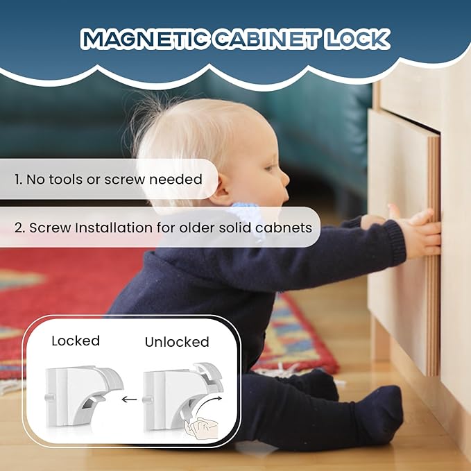 Blessimo® 12 Pack Magnetic Cabinet Locks Baby Proofing with 12 locks and 2 Keys - Child Locks For Kitchen, Cabinets and Drawers - 3M Adhesive Easy Installation-CubbioJoy
