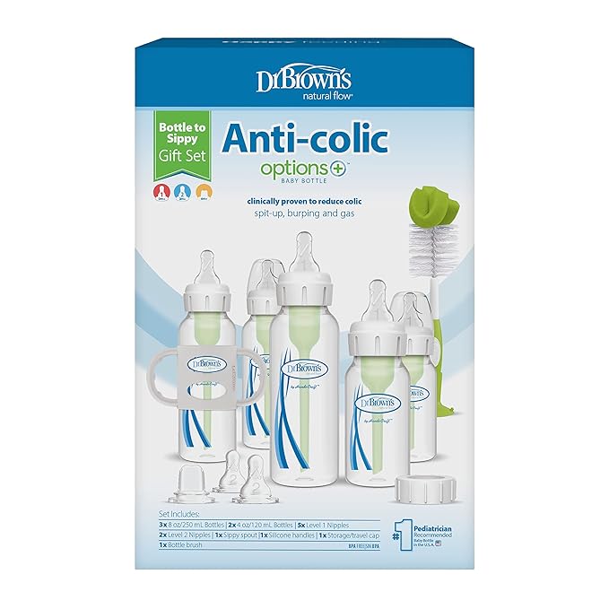 Dr. Brown's Natural Flow® Anti-Colic Options+™ Narrow Bottle to Sippy Gift Set with Soft Silicone Sippy Spout, Removable Silicone Handles, Travel Cap and Bottle Brush-CubbioJoy