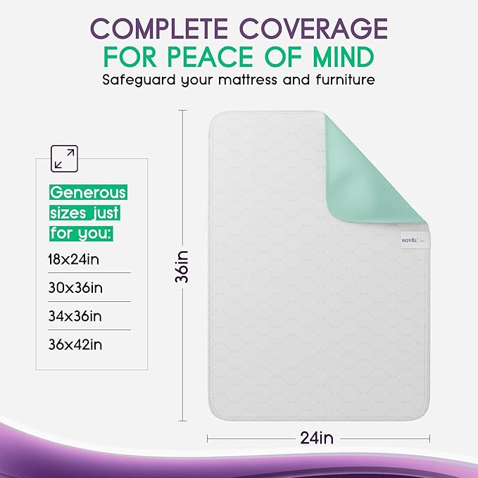 Incontinence Bed Pads - 4 Pack 24” x 36” Reusable Waterproof Mattress Protectors - Highly Absorbent, Machine Washable - for Children, Pets and Seniors - Assorted Colors - Royal Care-CubbioJoy